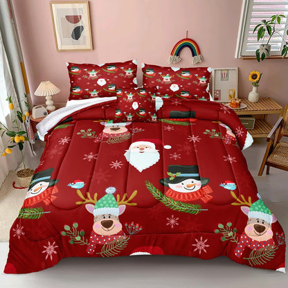 Red Christmas Bedding King Christmas Comforter Set Cute Christmas Snowman and Santa Claus Printed Red Snowflake Comfrter Set(King, Snowman)