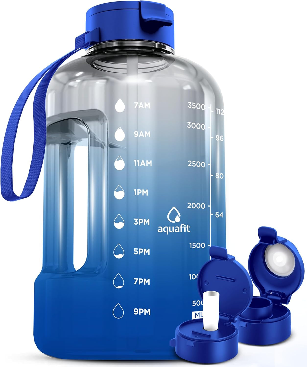 1 Gallon Water Bottle with Time Marker - Straw & Chug Lid - Big Water Bottle with Straw - BPA Free Gym Water Bottle with Handle - Gallon Water Jug (128 Oz - 2 Lids, Gray)