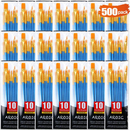 Acrylic Paint Brush Set, 50 Packs / 500 Pcs Nylon Hair Brushes for All Purpose Oil Watercolor Painting Artist Professional Kits