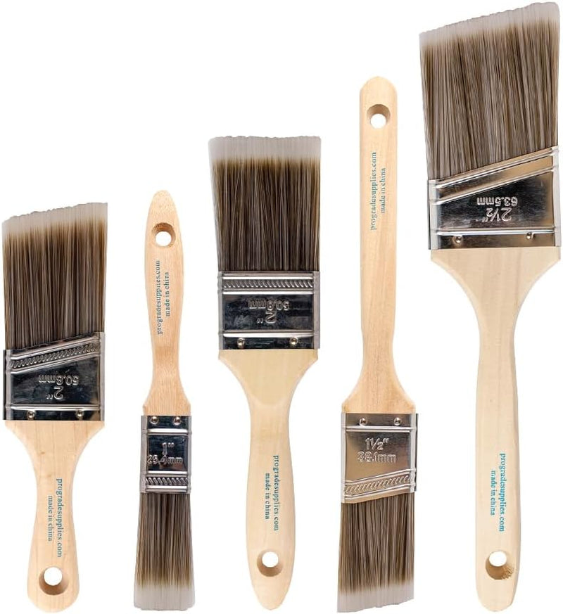 Paint Brush Set - 5-Piece Flat and Angle Brushes for All Latex and Oil Paints & Stains - Home Improvement - Interior & Exterior Use