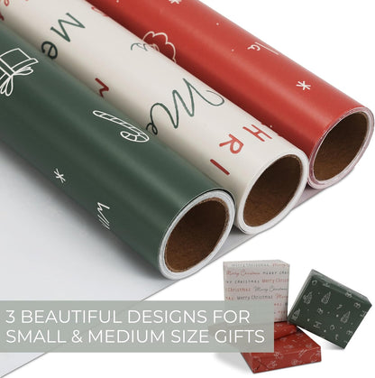 Beautiful Christmas Gift Wrapping Paper Rolls - Set of 3 Quality Paper Rolls with Cute Designs for Small & Medium Size Gifts - Add a Touch of Magic to Every Gift You Wrap - 17 in X 120 in per Roll