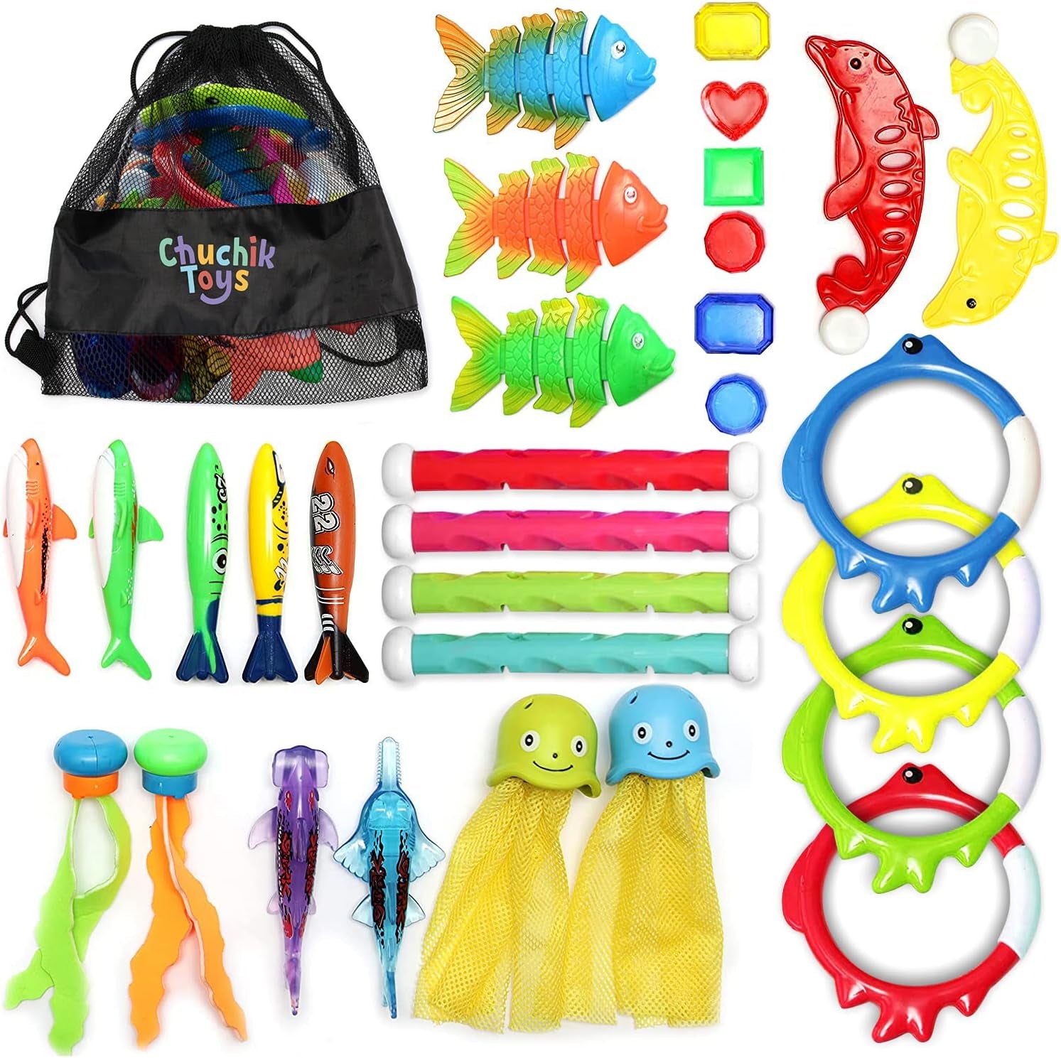 30 Pcs Diving Toys, Swimming Pool Toys for Kids Ages 4-8 8-12 with a Storage Net Bag. Pool Dive Toys for Kids. Pool Games, Swim Summer Water Toys. Include Diving Sticks & Pool Rings