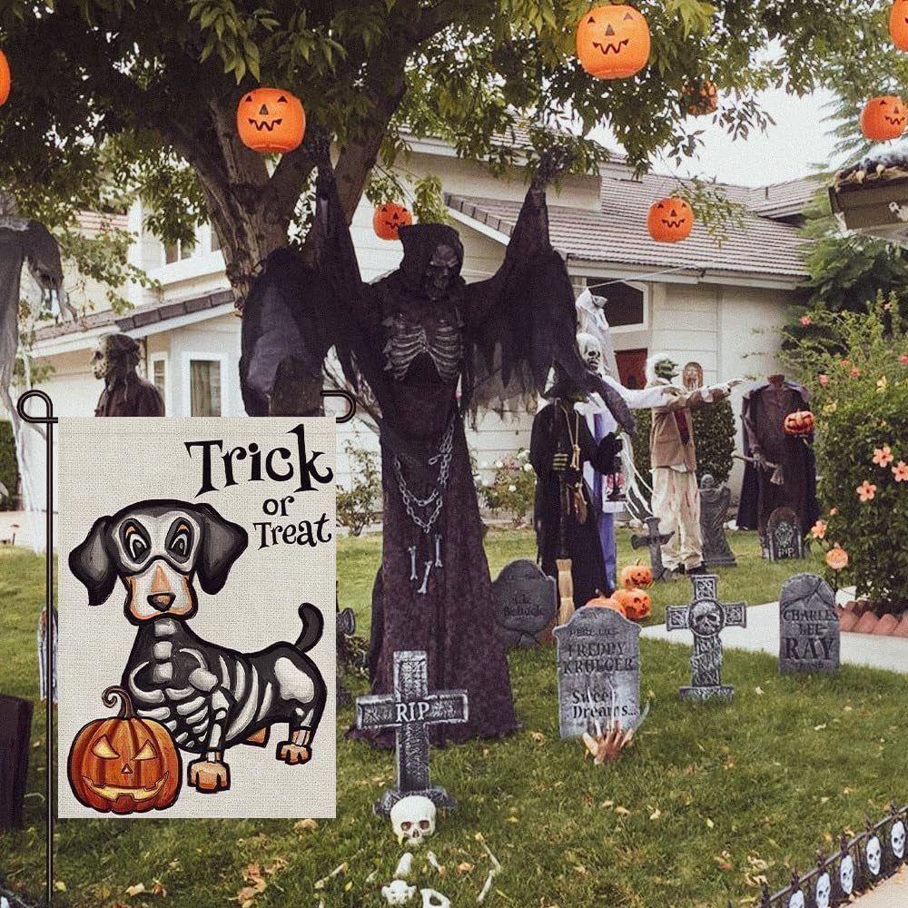 Halloween Trick or Treat Garden Flag Ghost Dog 12X18 Inch Small Double Sided Burlap Welcome Yard Dachshund Skeleton outside Decorations DF342