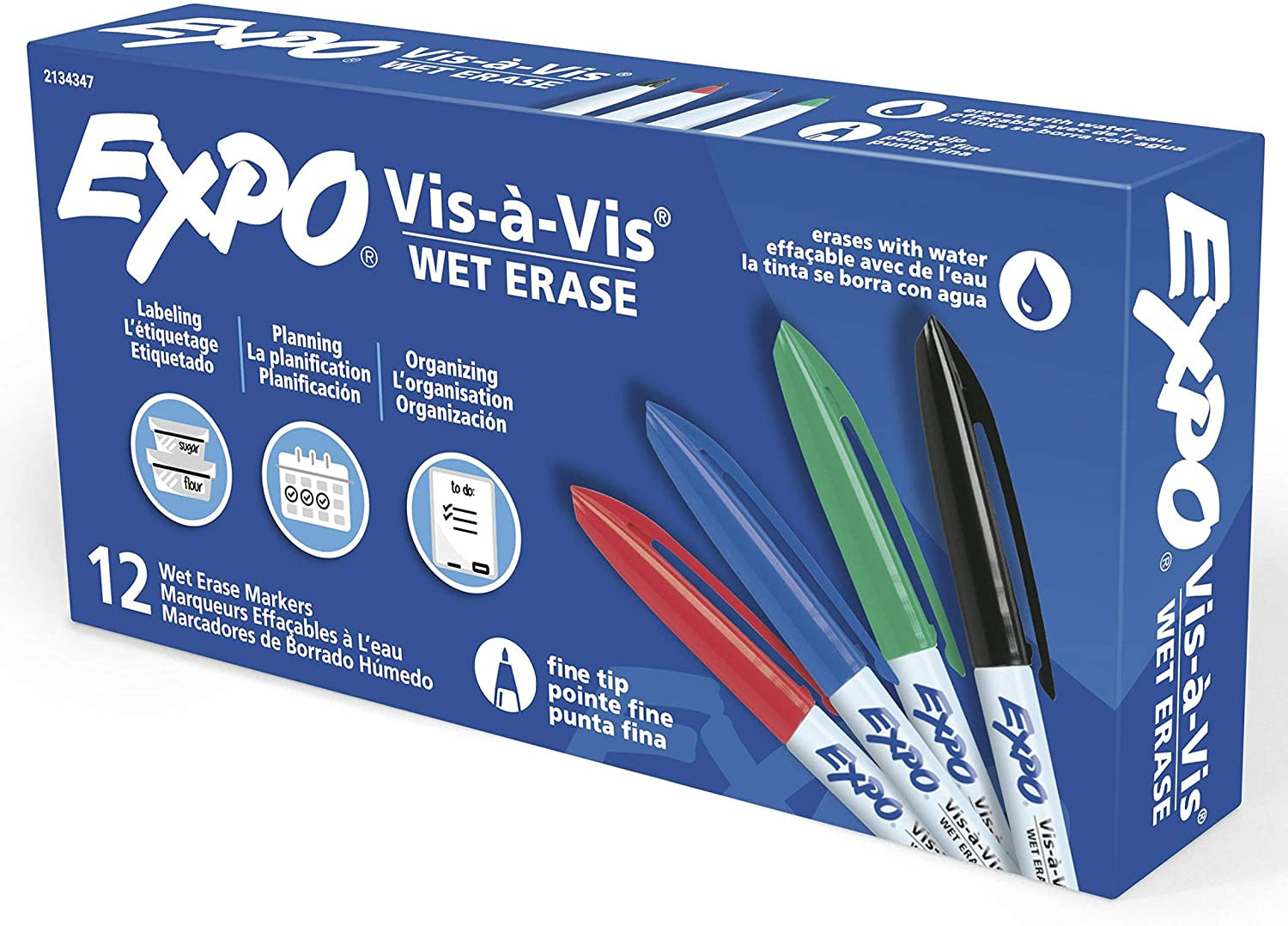 Vis-A-Vis Wet Erase Marker Set, Fine Tip, Assorted Colors, 8 Count