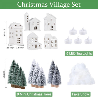 Ceramic Christmas Village Houses 5 Pcs White Christmas Houses & 9 Pcs Christmas Trees & Fake Snow Farmhouse Christmas Decorations Indoor for Home Table Mantle Fireplace