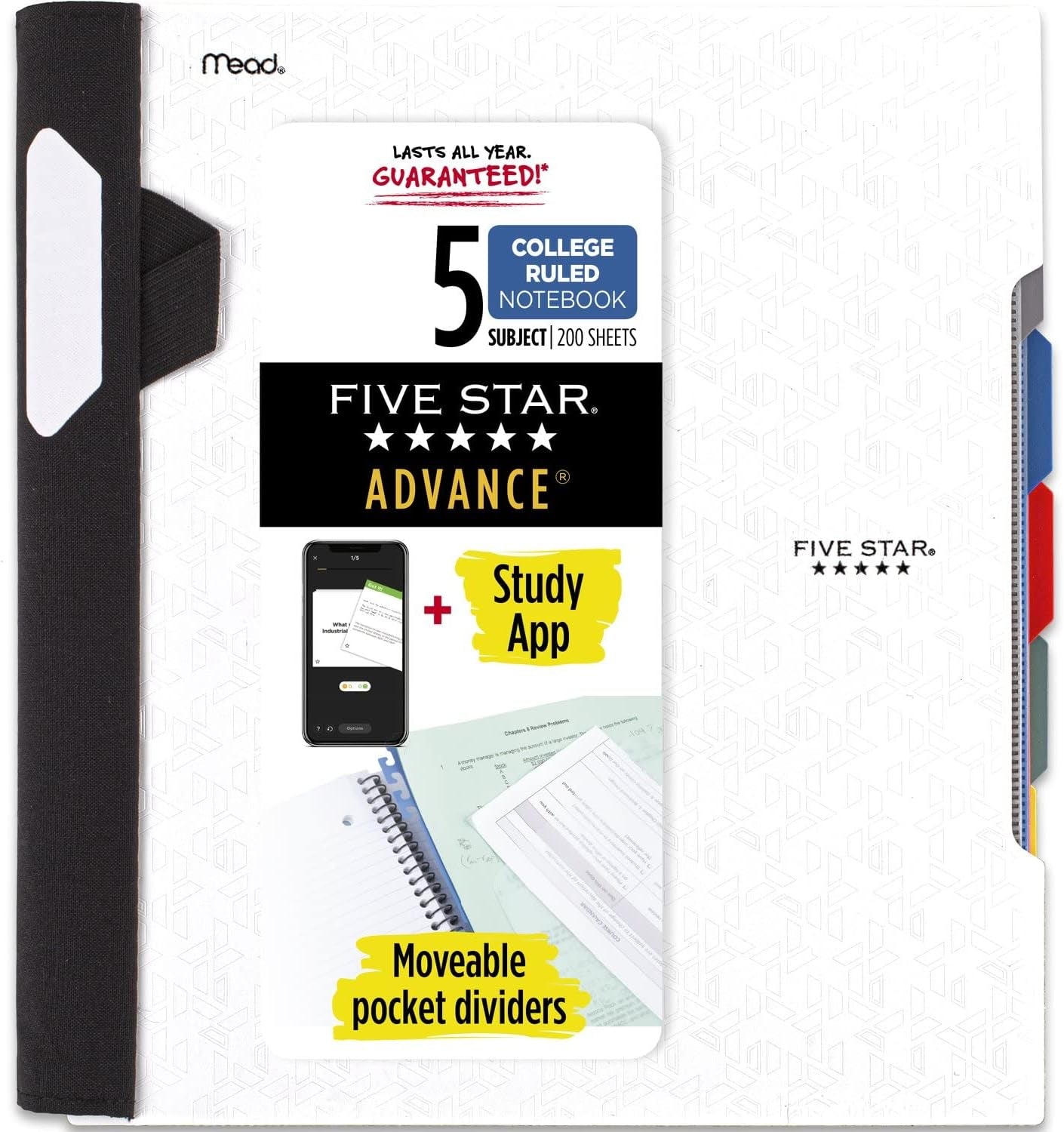 Spiral Notebook + Study App, 5 Subject, College Ruled Paper, Advance Notebook with Spiral Guard, Movable Tabbed Dividers and Expanding Pockets, 8-1/2" X 11", 200 Sheets, Black (73144)