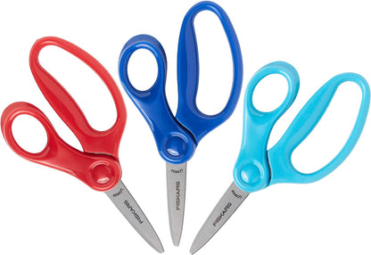 5" Pointed-Tip Scissors for Kids 4-7 (3-Pack) - Scissors for School or Crafting - Back to School Supplies - Red, Blue, Turquoise