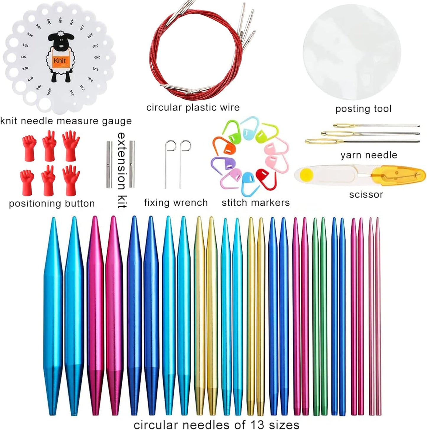 57Pcs Aluminum Circular Knitting Needles Set with Ergonomic Handles,13 Size Interchangeable Crochet Needles with Storage Case for Small Project (Style 1)
