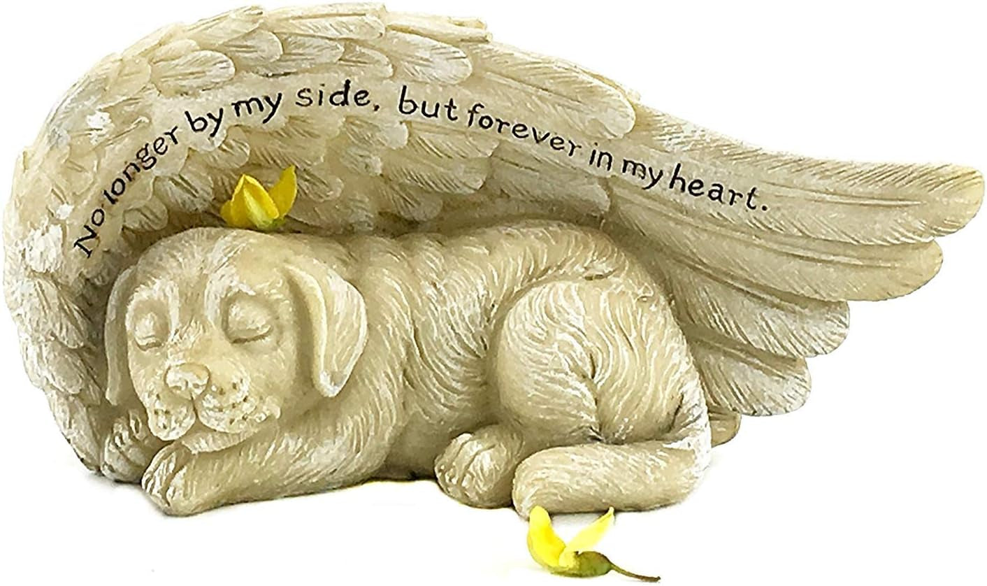 Dog Statue with Angel Wing Cute Cool Garden Stone Sculpture Pet Memorial Grave Marker Tombstone Indoor Outdoor Backyard Tribute Figurine 8 Inch