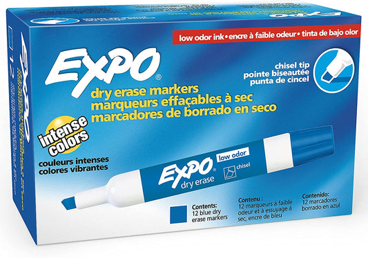 Low Odor Dry Erase Markers, Chisel Tip, Blue, 12 Count