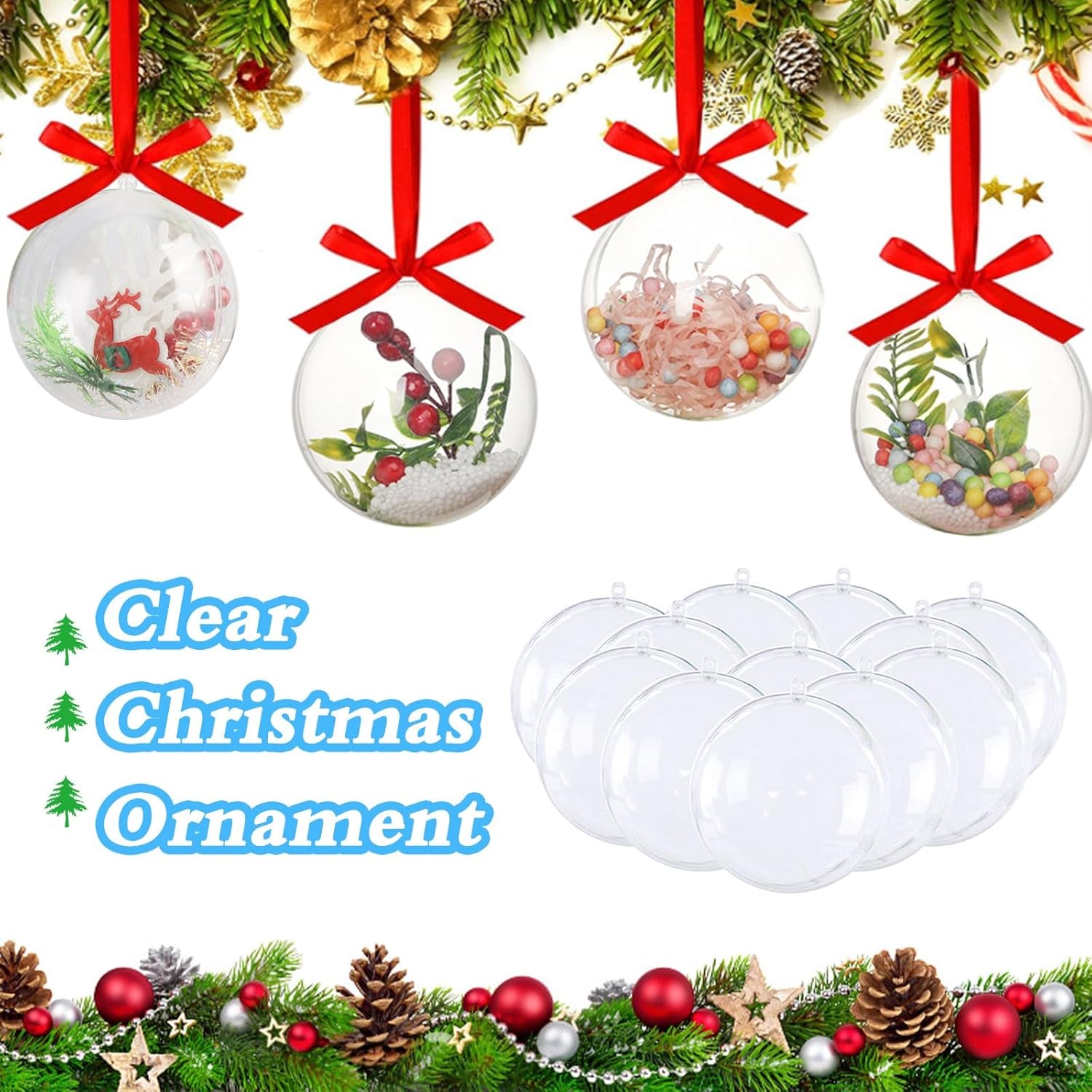 50 Pcs Clear Plastic Fillable Ornaments,Transparent DIY Christmas Fillable Ball,Plastic DIY Fillable Decoration Balls 5 Different Sizes for Christmas Tree,Wedding,Party,Home Decor