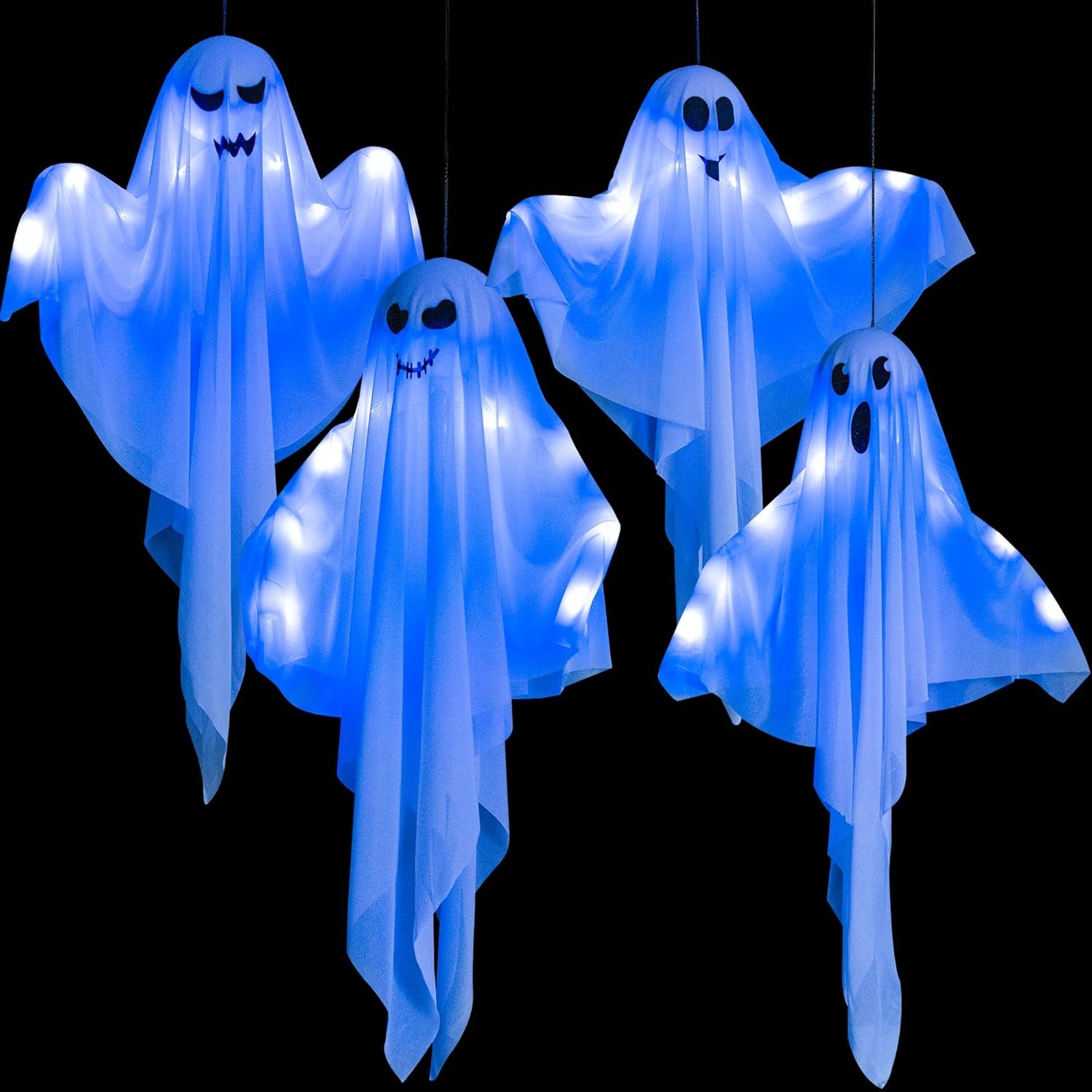 4 Pack Halloween Hanging Ghosts, 27.5" Light-Up Cute Flying Ghost Decorations for Front Yard Patio Lawn Garden Party Décor and Holiday Decorations