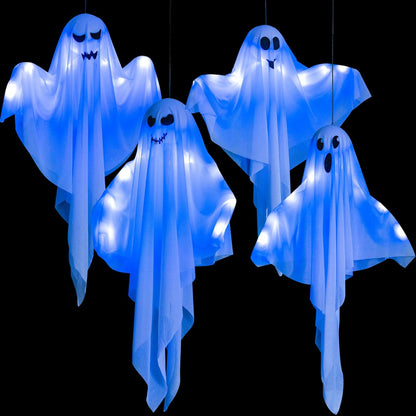 4 Pack Halloween Hanging Ghosts, 27.5" Light-Up Cute Flying Ghost Decorations for Front Yard Patio Lawn Garden Party Décor and Holiday Decorations