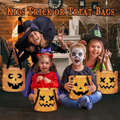 Halloween LED Light up Trick or Treat Bags, 3 Pcs Halloween Pumpkin Bucket, Multipurpose Portable Collapsible Reusable Candy Bags, Best Halloween Party Favors for Kids.