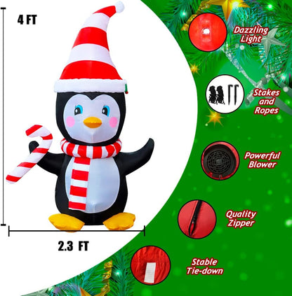 4 Ft LED Light up Inflatable Christmas Penguin with Scarf & Candy Decoration for Yard Lawn Garden Home Party Indoor Outdoor Holiday Xmas Decor