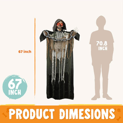 67" Halloween Decorations Outdoor Life Size Animatronics Grim Reaper with Chain, Sound-Actived Halloween Party Decoration with Creepy Sound, Scary Haunted House Props for Garden Yard Lawn