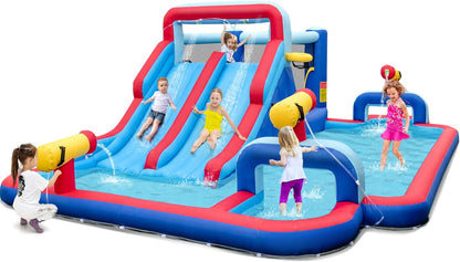 Inflatable Water Slide, 8 in 1 Mega Waterslide Park Bounce House for Outdoor Fun W/735W Blower, Long Slide, Splash Pool, Water Slides Inflatables for Kids and Adults Backyard Party Gifts