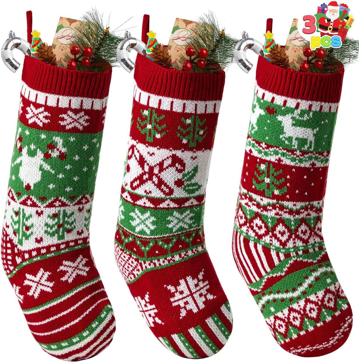 3 Pack 18” Christmas Stockings, Large Size Rustic Cable Knit Xmas Stocking in Red & Green, for Family Holiday Season Decorations