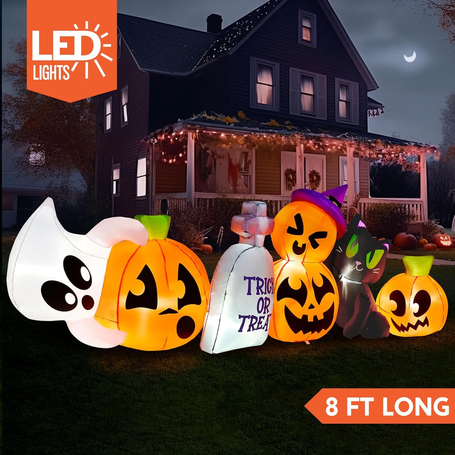 Halloween Inflatable 8 Ft Long Three Halloween Characters and Pumpkin Patch Blow up Inflatables with Build-In Leds for Halloween Party Indoor, Outdoor Yard Lawn Garden Decorations