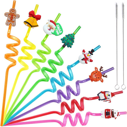 32PCS Christmas Reusable Drinking Straws, Snowman Penguin Reindeer Jingle Bell Gingerbread Man Pattern Party Favors Goodie Gifts for Kids Holiday Party Supplies