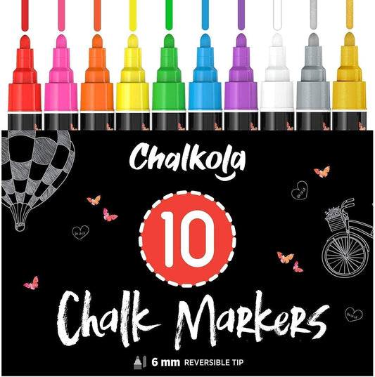 Liquid Chalk Markers Erasable (10 Pack) W/Gold & Silver - Washable Paint Chalk Pens for Chalkboard Signs, Blackboard, Car Window, Bistro, Glass, Board - Neon Wet Wipe 6Mm Reversible Bold Tip