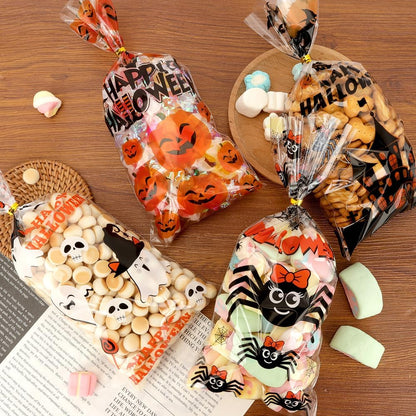 Halloween Treat Bags, Halloween Cellophane Treat Bags, 60 PCS Halloween Candy Bags, Halloween Goodie Bags with Twist Ties, 4 Styles Small Halloween Gifts Bags for Trick or Treat Party Favors Supplies