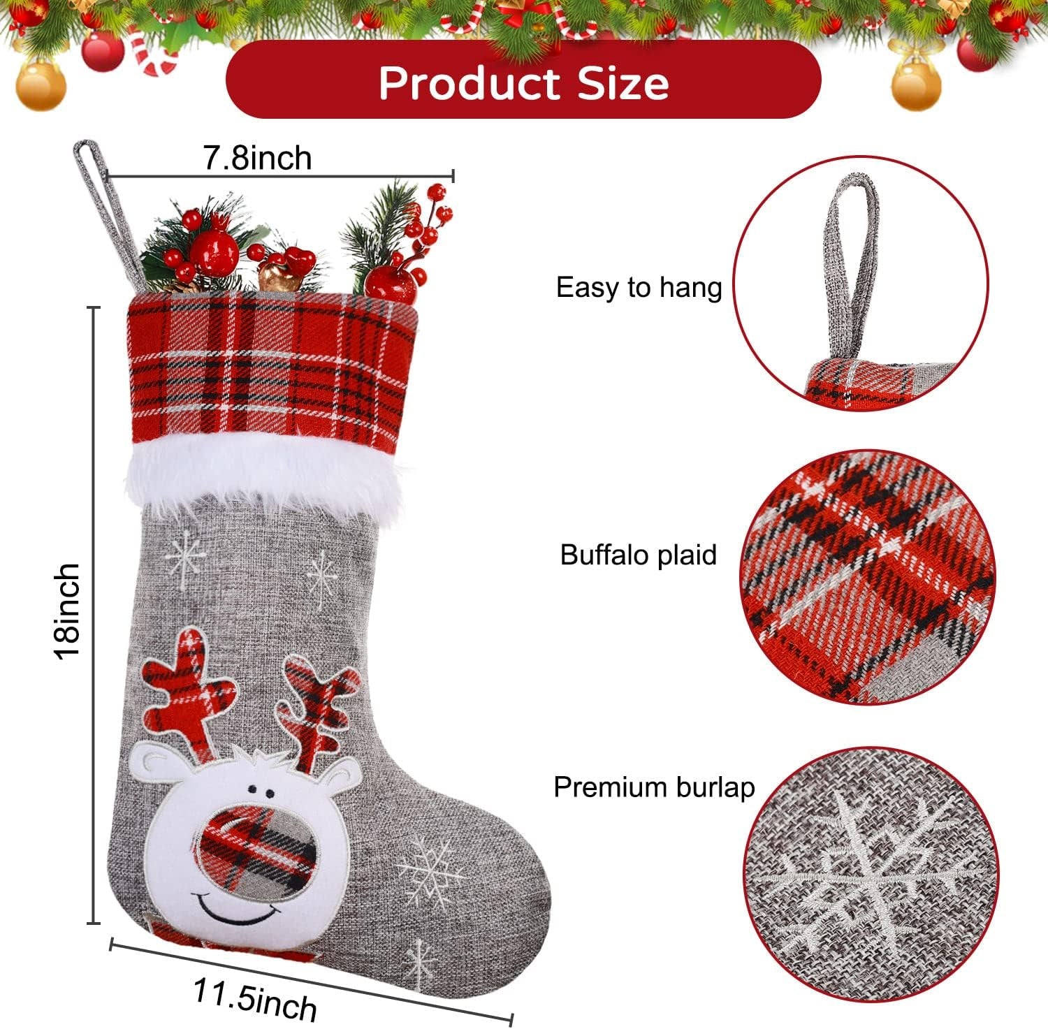 Burlap Christmas Stockings 3 Pack, 18" Red/Grey Buffalo Plaid Embroidered Cute Santa Snowman Reindeer Plush Large Hanging Stockings for Christmas Decorations Ornaments Gifts Stuffers Bag Clearance