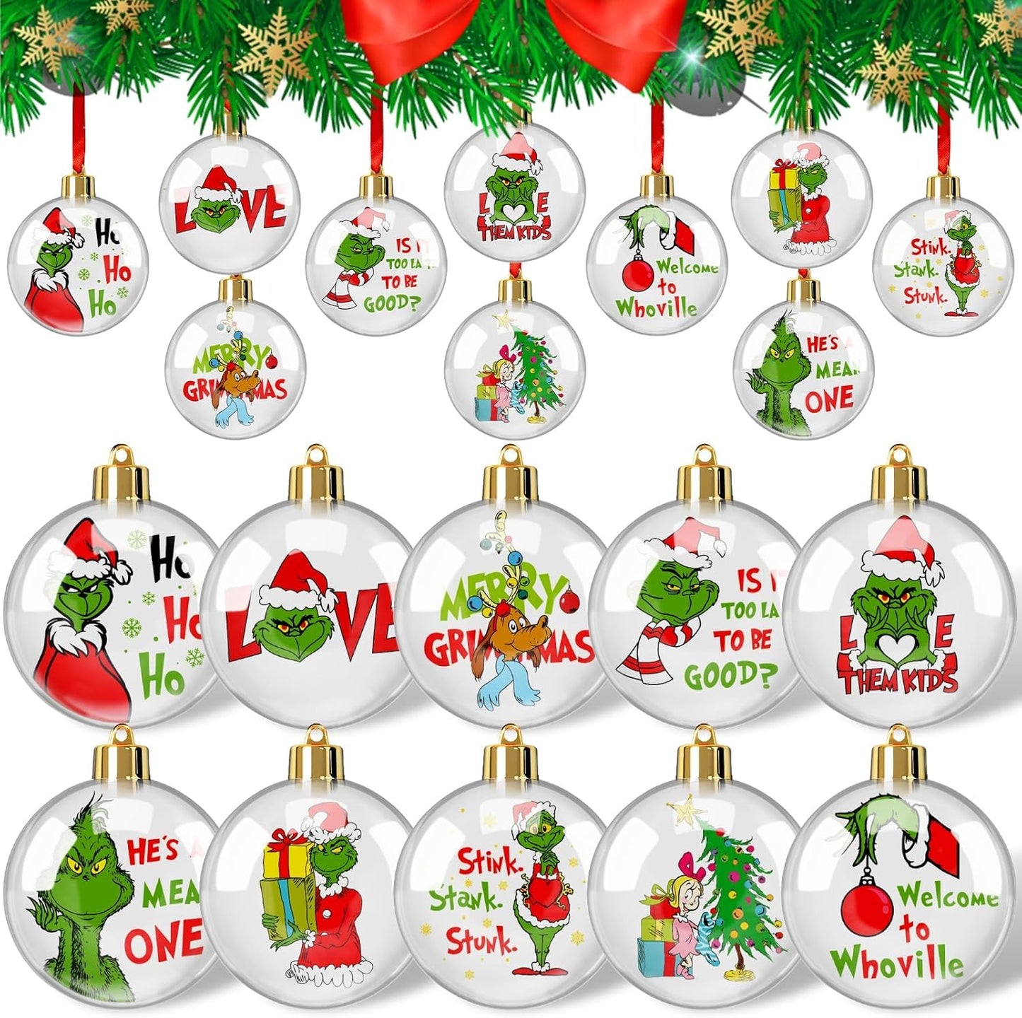 Christmas Ball Ornaments Hanging Decorations - 10Pcs Acrylic Clear Christmas Ornaments Balls with Green Gnome Cards for Tree Christmas Crafts Party Decorations