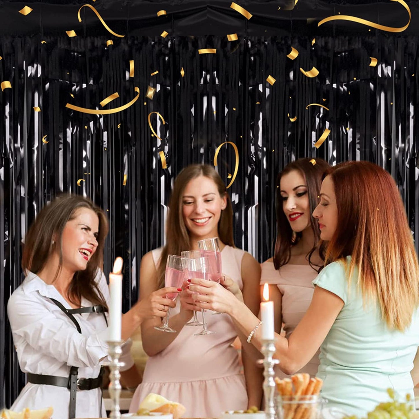 2 Pack 3.2Ft X 8.2Ft Black Tinsel Foil Fringe Curtains, Metallic Foil Tinsel Photo Booth Backdrop Streamer for New Years Decorations Halloween Bachelorette Birthday Holiday Celebration Party Supplies