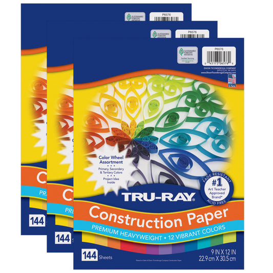 Construction Paper, Heavyweight, Color Wheel Assortment, 12 Vibrant Colors, 9" x 12", 144 Sheets Per Pack, 3 Packs