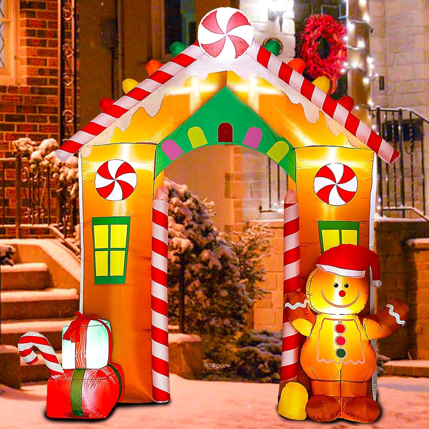 10FT Christmas Inflatables Yard Decorations, Lighted Inflatable Archway with Gingerbread Man and Gift Boxes, Blow up Holiday Decorations for Xmas Party, Lawn, New Year (Christmas Inflatable Archway)