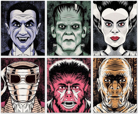 Classic Universal Monster Posters - Universal Monsters Poster, Horror Movie Character Poster, Horror Posters, Horror Themed Decor - Unframed Set of 6 (8X10)