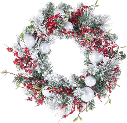 Artificial Christmas Wreath, Green, Evergreen, Decorated with Frosted Branches, Ball Ornaments, Berry Clusters, Christmas Collection, 24 Inches