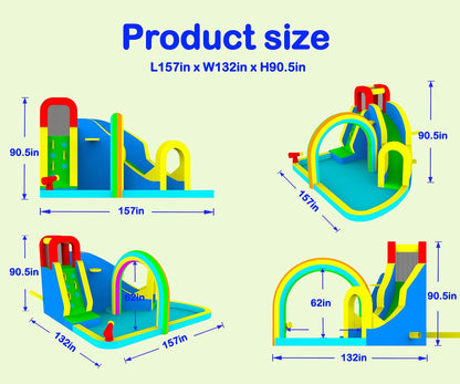 Inflatable Water Slide Park with Air Blower, Kids Inflatable Bouncer House Slide, Climbing Wall, Splash Pool and Rainbow Sprinkler