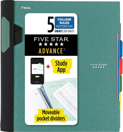 Spiral Notebook + Study App, 5 Subject, College Ruled Paper, Advance Notebook with Spiral Guard, Movable Tabbed Dividers and Expanding Pockets, 8-1/2" X 11", 200 Sheets, Black (73144)