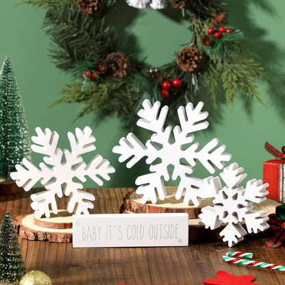 4 PCS White Snowflake Table Wood Signs, Country Christmas Decor, Christmas Wooden Snowflake Decor, Winter Distressed Wood Snowflake (White)