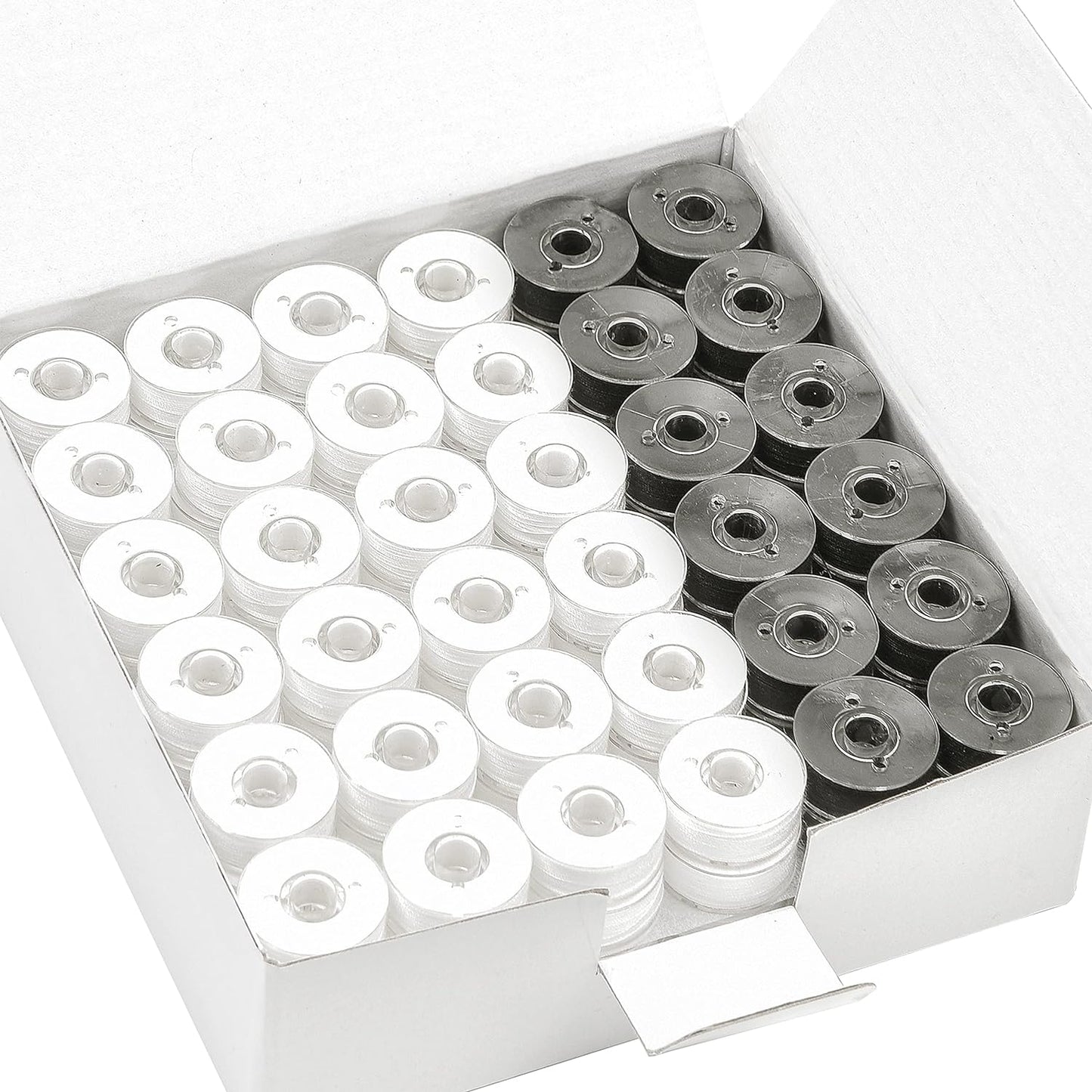 144Pcs Type L Size (SA155) (96White + 48Black) Prewound Bobbin Thread Plastic Side for Particular Embroidery and Sewing Machines - 90 Weight Cottonized Soft Feel Polyester Sewing Thread