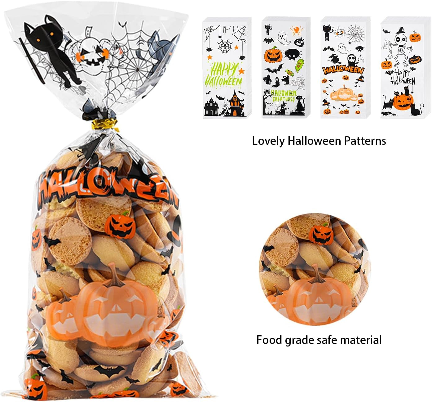 Halloween Cellophane Treat Bags, 180Pcs Halloween Trick or Treat Goody Gags with 200Pcs Twists for Snacks Cookies Packing, Halloween Goodie Bags Party Supplies