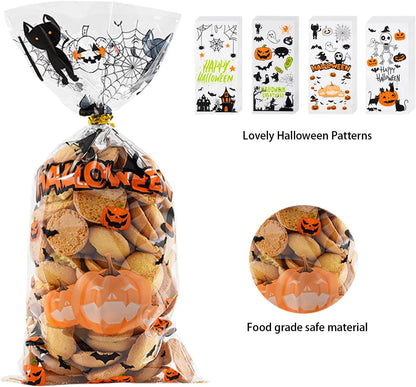 Halloween Cellophane Treat Bags, 180Pcs Halloween Trick or Treat Goody Gags with 200Pcs Twists for Snacks Cookies Packing, Halloween Goodie Bags Party Supplies