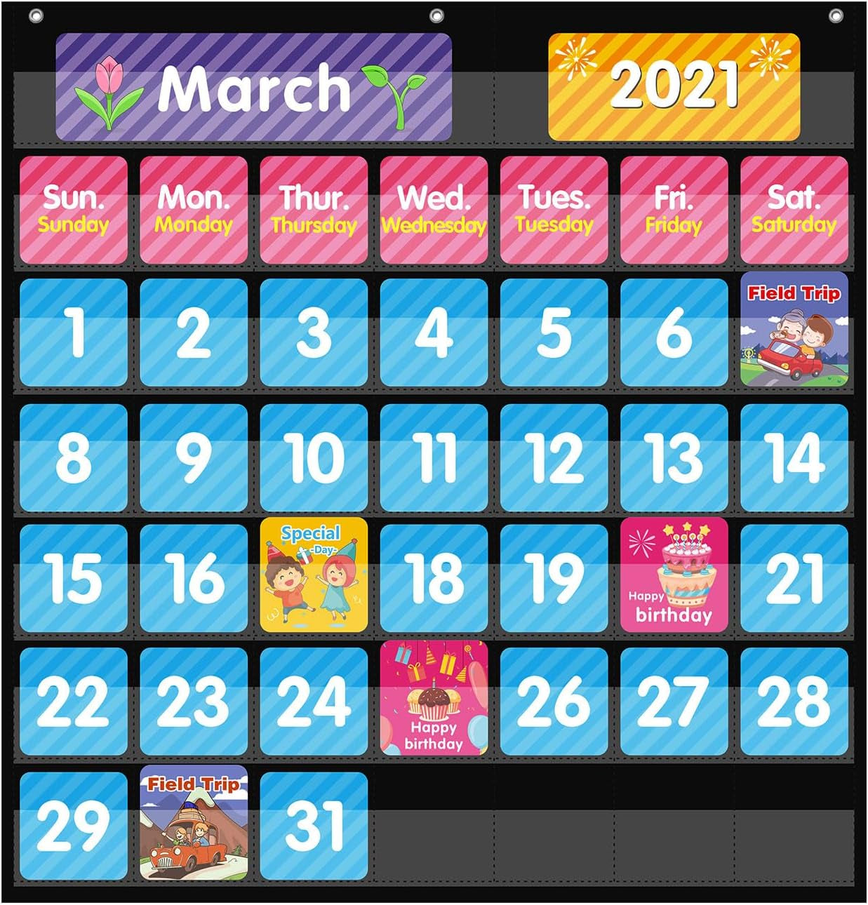 Large 44 Pockets Calendar Pocket Chart for Classroom with 85 Cards, Size:25” X 24” Monthly Calendar and Weather Black Pocket Chart for Kids Learning for Home or Kindergarten (44 Pockets)