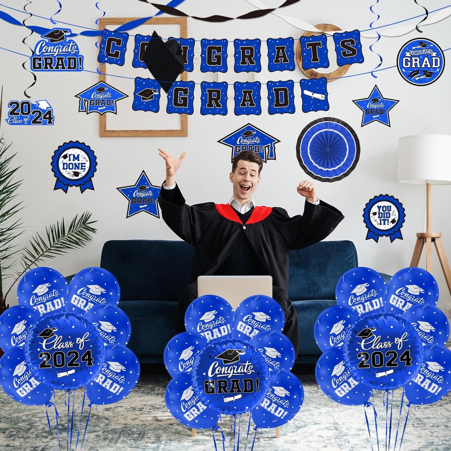 Blue Themed 2024 Graduation Decorations Set - Congrats Grad Banner, Class of 2024 Backdrop, Balloons & Streamers Kit - Complete Party Supplies for High School & College Celebrations