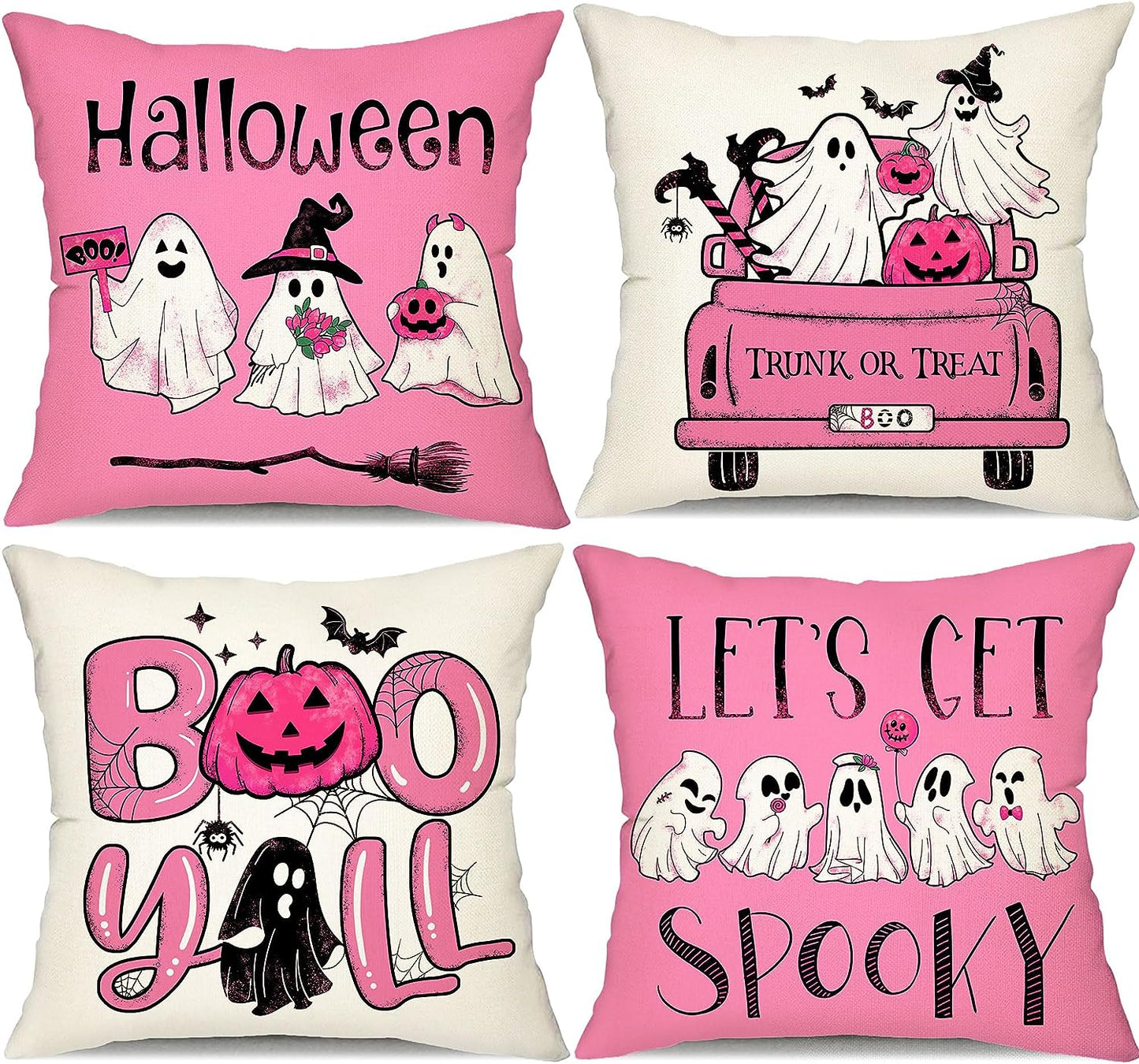 Halloween Pillow Covers 18X18 Inch Set of 4 Black and White Ghost Pumpkins Truck Decoration Pink Halloween Pillow Covers Decor for Sofa Bed Outdoor Car 094