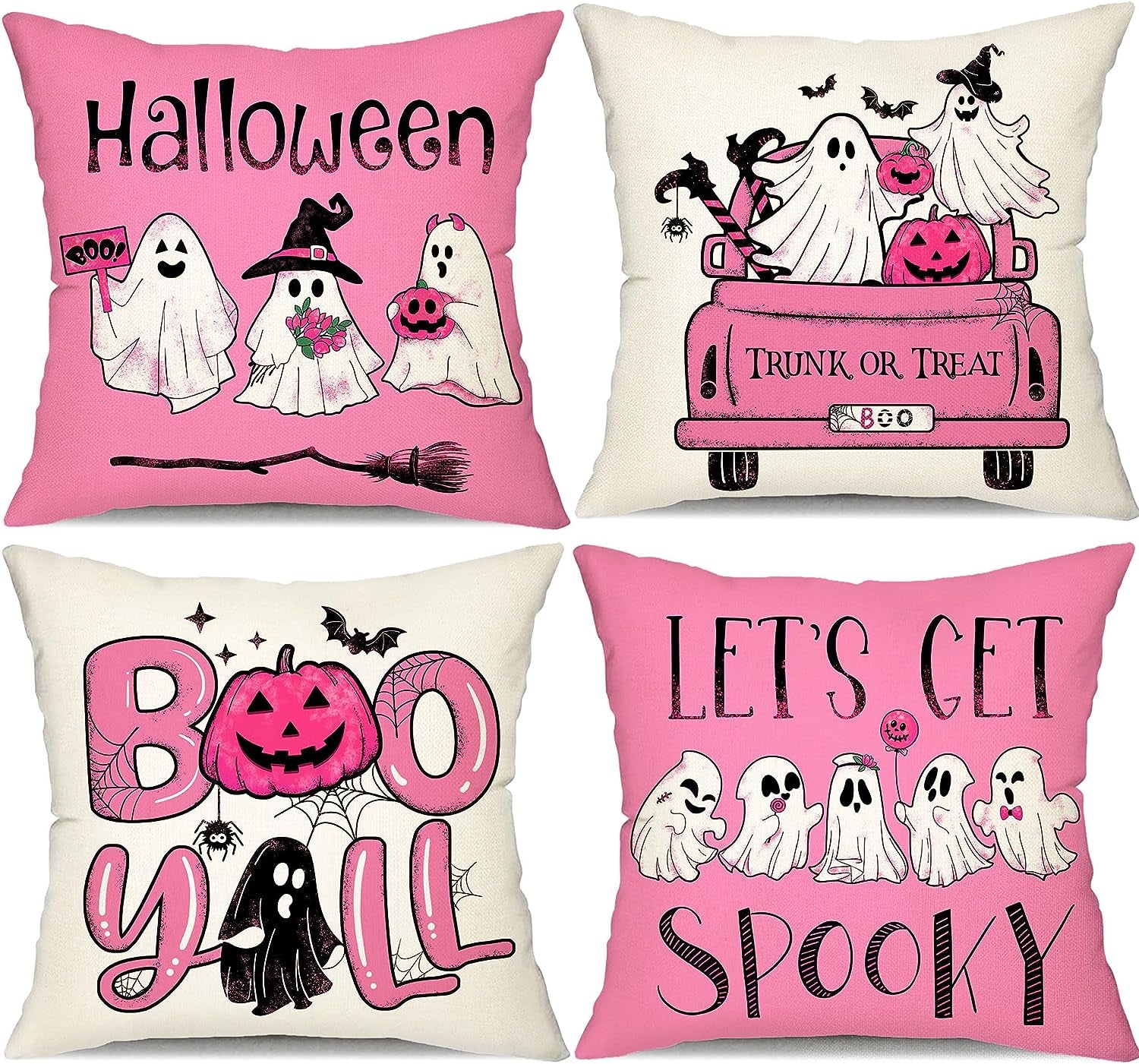 Halloween Pillow Covers 16X16 Inch Set of 4 Black and White Ghost Pumpkins Decoration Outdoor Pillow Cases Black Throw Pillow Covers Decor for Sofa Bed Outdoor Car