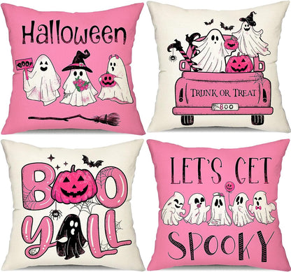 Halloween Pillow Covers 16X16 Inch Set of 4 Black and White Ghost Pumpkins Decoration Outdoor Pillow Cases Black Throw Pillow Covers Decor for Sofa Bed Outdoor Car