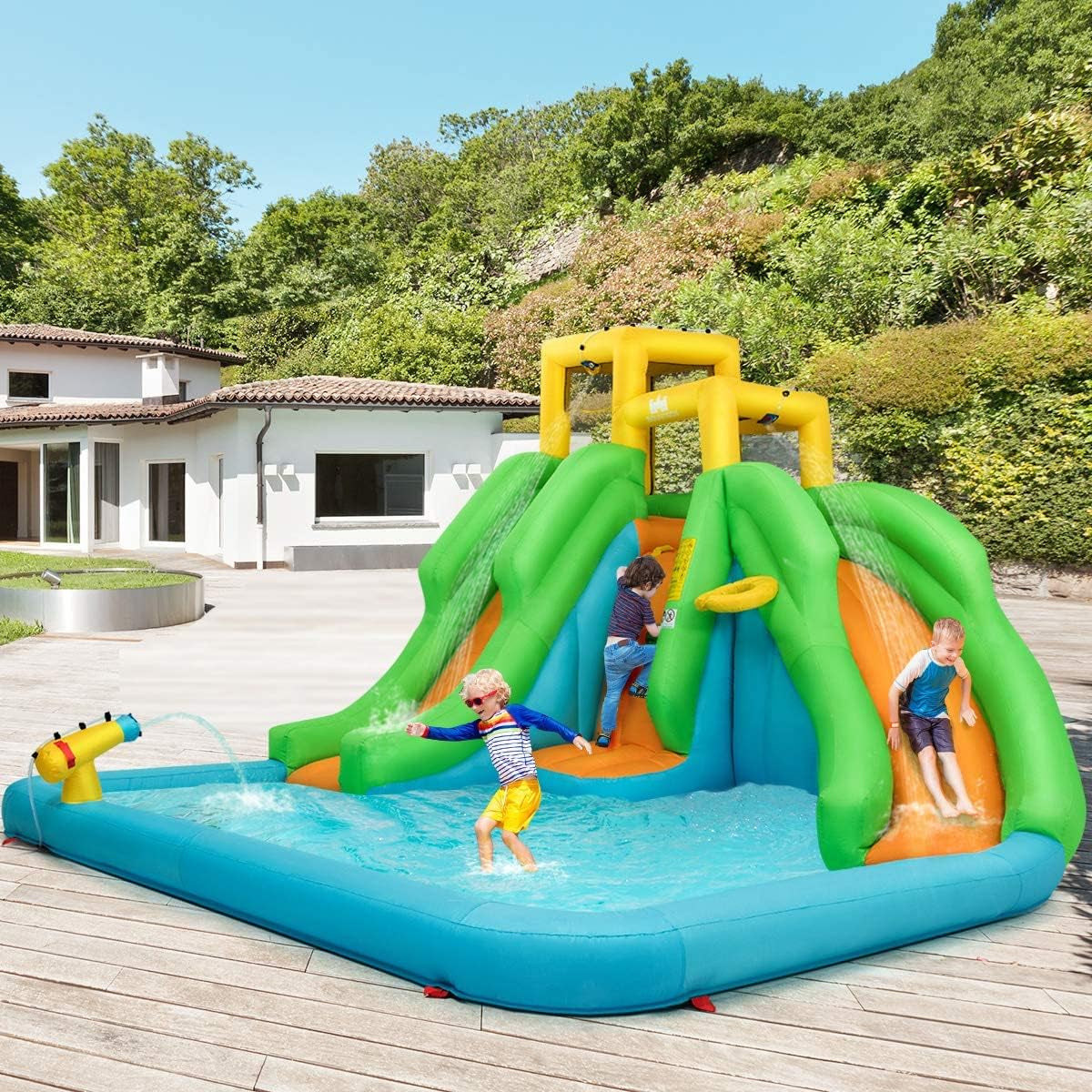 Inflatable Water Slide, 6 in 1 Kids Bouncer Water Park W/Climbing Wall & 2 Long Slides, Splash Pool, Water Cannons, Indoor Outdoor Blow up Water Slides for Backyard(With 480W Blower)