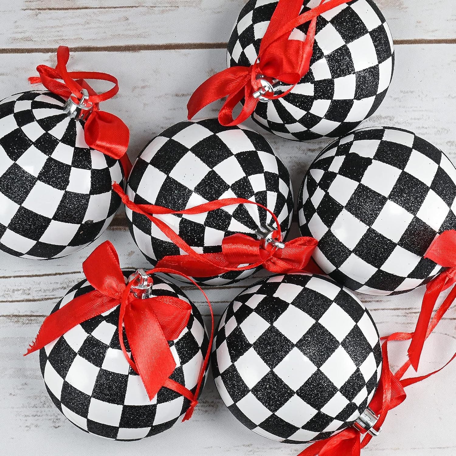 Black and White Ornaments - Glittered Black and White Checkered Ball Checked Ornament with Red Bow, Glitter, and String Christmas Tree Xmas Decoration Set - 3.5" Pack of 12