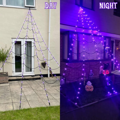 Halloween Decorations Outdoor Giant Spider Web Lights with 135 LED Purple & Orange Lights, outside Huge Lighted Black Spider Web Halloween Outdoor Light for Yard Party Haunted House Decor