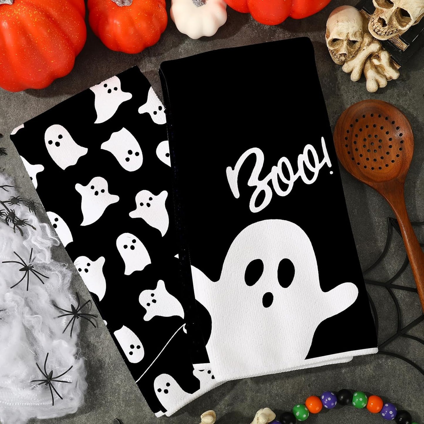 Halloween Kitchen Towel 18 X 28 Inch Black White Ghost Dishcloth Scary Hand Drying Tea Towel for Halloween Baking Cooking Home Kitchen Decor Housewarming Gift, 2Pcs