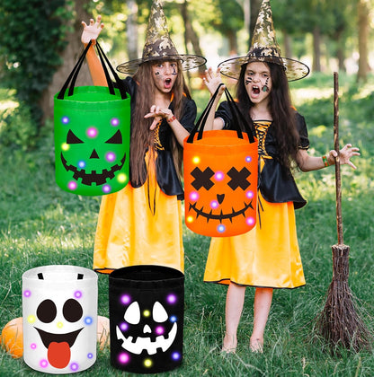 4Pcs Halloween Trick or Treat Bucket Candy Bags - LED Light up Pumpkin Basket Gift for Kids with Bracelets Stickers