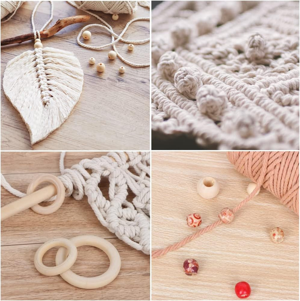 Macrame Kits for Adults Beginners with 656 Feet 3 Mm Macrame Cotton Cord, DIY Macrame Plant Hanger Kit with Macrame Supplies and Instructions, Macrame Meads, Wooden Rings, Dream Catcher Rings